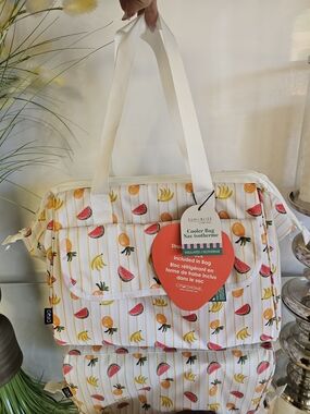 Ciroa White Cooler Tote Bag with Pink Watermelon and Yellow Fruit Print
